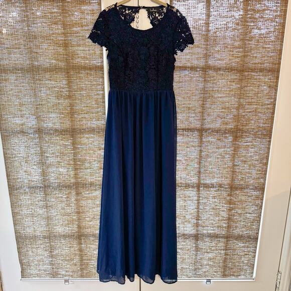 Lulus The Greatest Navy Blue Maxi Dress Open Back Chiffon Lace Size M Weddings - Picture 3 of 13